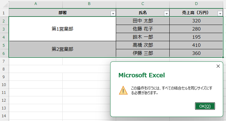 結合セルがある表で並べ替えを実行すると表示される「すべての結合セルを同じサイズにする必要があります」というエラーダイアログ