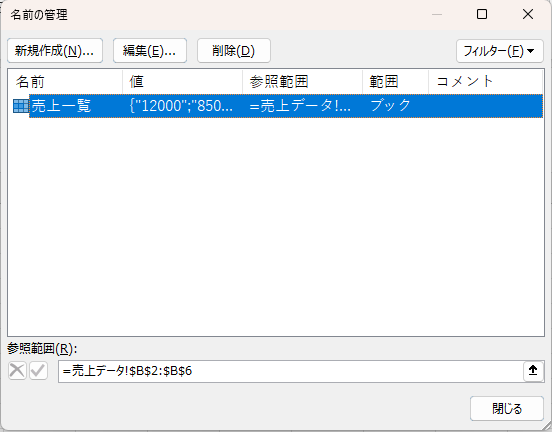 「名前の管理」ダイアログに「売上一覧」などの名前が一覧表示されている画面